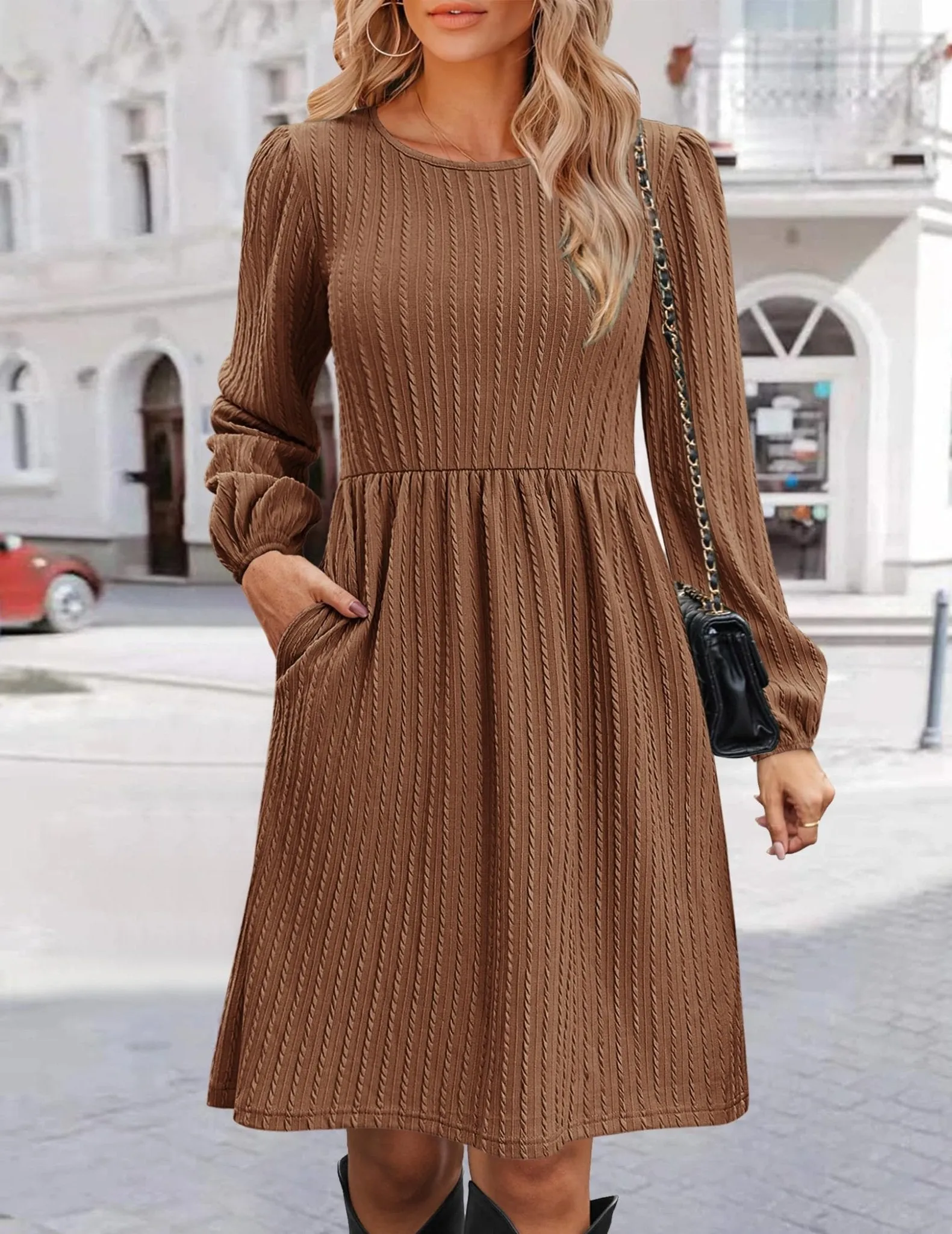 Zeagoo Women Casual Flowy Dresses Womens Fall Knit Sweater Dress Long Lantern Sleeve Dresses with Pockets Womens Short Tunic Dresses Brown Large